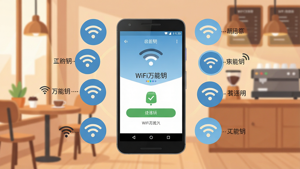 һ��չʾWiFi����Կ��ͨ��������ȫò�Ĳ廭������������һ����׿�ֻ����ֻ���Ļ����ʾ��WiFi����Կ��ͨ�����ӽ��棬��Χ�����Ÿ���WiFi�ź�ͼ����ȵ����ƣ���������ܰ�Ŀ�������������������������ִ���ƽ��ϸ��Բ�󣬻��ʸɾ��޶���Ԫ�أ����ʸ��壬�ɾ�����