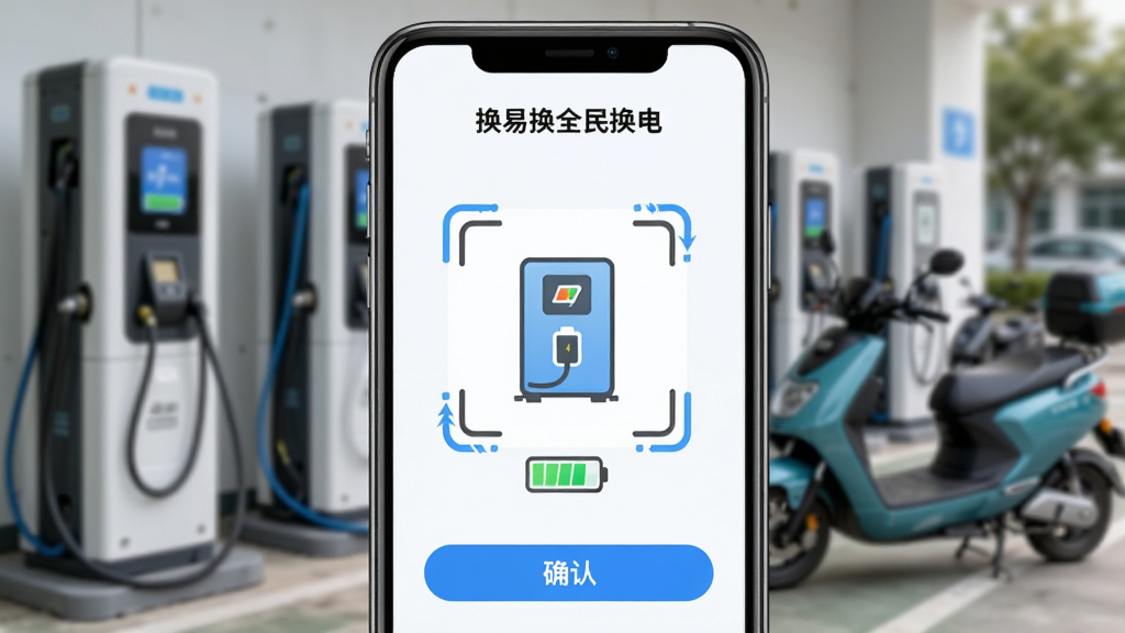 �ֻ���Ļ��д���棬��Ļ����ʾ�����׻�ȫ�񻻵硱App��ɨ�뻻����棬�м���ɨ���ͻ����ͼ�꣬�������黯�Ļ����͵綯�������ֲ��þ����Ű棬���Ƽ���࣬ϸ�ڰ���ɨ���Ķ�����������ص���ͼ���ȷ�ϰ�ť�����ʸɾ��������޶���Ԫ��