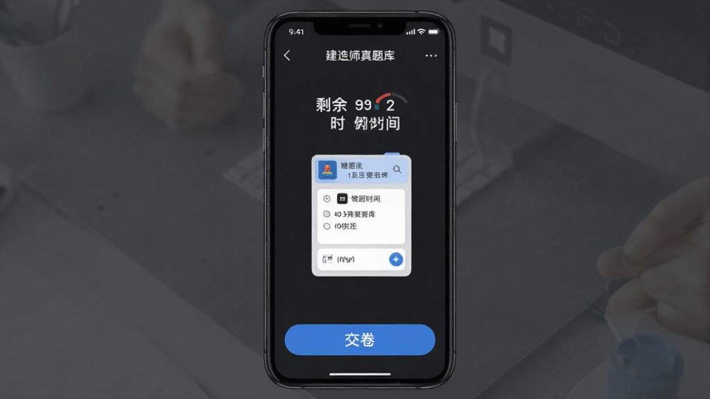 ����ʦ�����Appģ�⿼�Ե���ʱ���棬�ֻ���Ļ������ʾʣ��ʱ��ʹ��⿨�������п�Ŀ���ƣ��ײ��н�����ť������Ϊ��ɫģʽ�����רע��������Ŀ�����ʸɾ��޶���Ԫ��