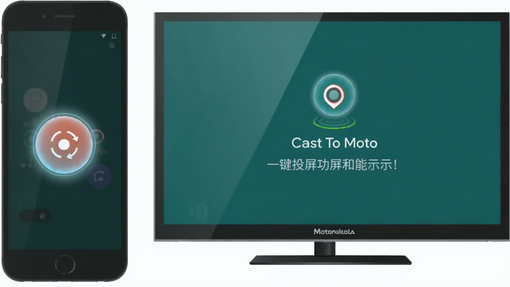 һ��Cast To Motoһ��Ͷ�����ܵ�ʾ��ͼ������������һ���ֻ���һ̨Ħ���������ӣ��ֻ���Ļ����ʾһ�����۵�Բ��Ͷ����ť��������Ļ����ʾ���ӳɹ�����ʾ�����ֲ������ҷ����Ա���ʽ������ƽ����ƣ�ϸ���ϰ�ť������΢�ķ���Ч�������ʸɾ��������޶���Ԫ��