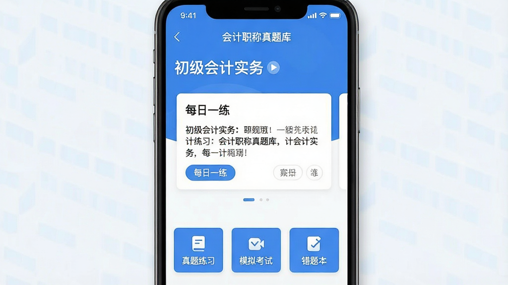 һ���ֻ���Ļչʾ�����ְ������⡱App�����棬������ʾ���������ʵ�񡱿�Ŀ���ƣ��м���ÿ��һ������Ŀ��Ƭ���·��С�������ϰ����ģ�⿼�ԡ������Ȿ���������ܰ�ť��������ɫΪ������䣬����ɾ���ˬ��������ִ������������޶���Ԫ��