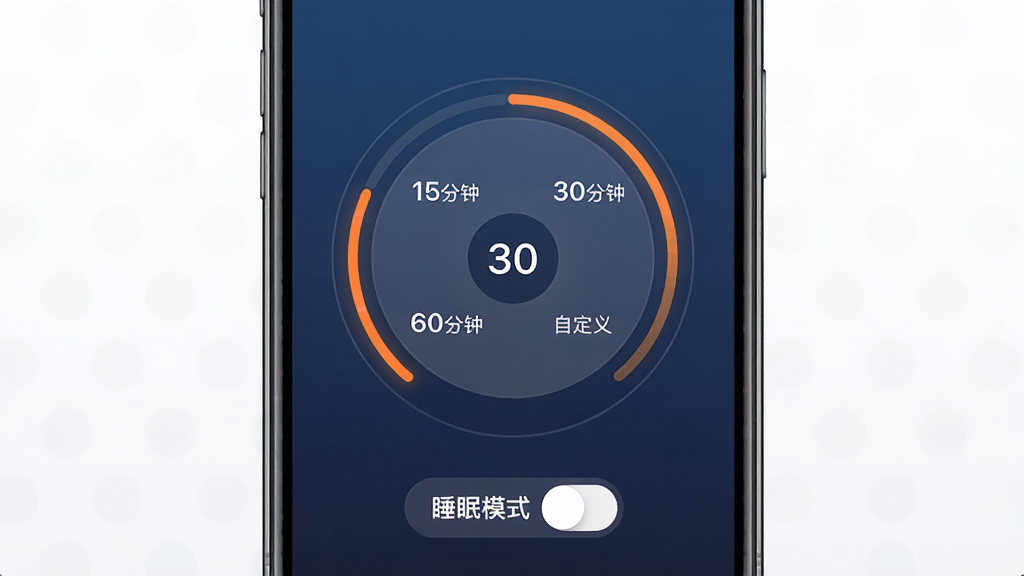 ��������App��ʱ�ر����ý��棬�ֻ�������ʾ����Ļ������Բ�α�����ʽ�Ķ�ʱѡ��������������15���ӡ�30���ӡ�60���Ӻ��Զ����ĸ�ѡ���ǰѡ��30���ӣ�������Ȧ�г�ɫ���������·���˯��ģʽ���ذ�ť�����汳��Ϊ����ɫ���䣬�����Ͱ�����ϸ�����������ʸɾ����޶���Ԫ��