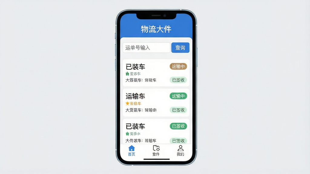 物流大件APP主界面全貌展示,手机屏幕居中,顶部蓝色标题栏显示“物流大件”白色文字,中间是运单号输入框和查询按钮,下方列表展示多条大件货物物流轨迹信息,包含“已装车”“运输中”“已签收”状态标签,底部导航栏三个图标分别为首页、查件、我的,背景为浅灰色,整体布局清晰,风格现代扁平,画质干净无多余元素