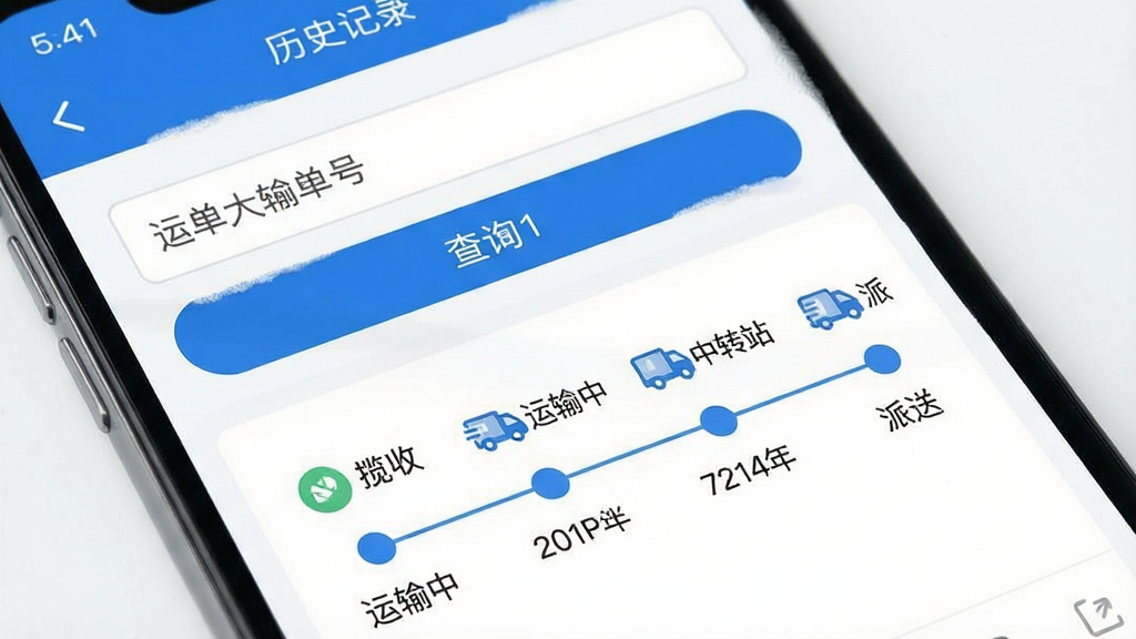 物流大件APP运单查询功能界面特写,手机屏幕显示运单号输入框和查询按钮,下方展示物流轨迹时间轴,节点包括“已揽收”“运输中”“到达中转站”“派送中”,每个节点配有图标和文字说明,右上角有“历史记录”入口,界面以白色和蓝色为主色调,布局清晰,风格简洁现代,画质干净无多余元素
