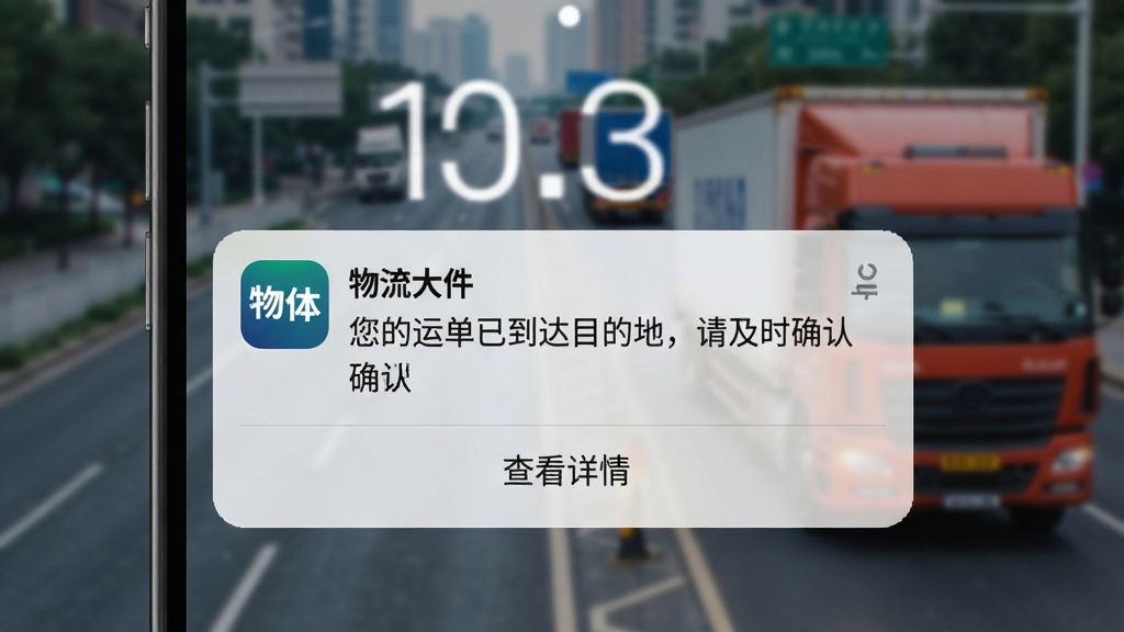 物流大件APP货物状态推送通知界面,手机锁屏界面弹出通知卡片,显示“物流大件”APP图标和通知内容“您的运单已到达目的地,请及时确认”,下方有“查看详情”按钮,背景为模糊的城市道路和货车元素,整体风格简洁清晰,画质干净无多余元素