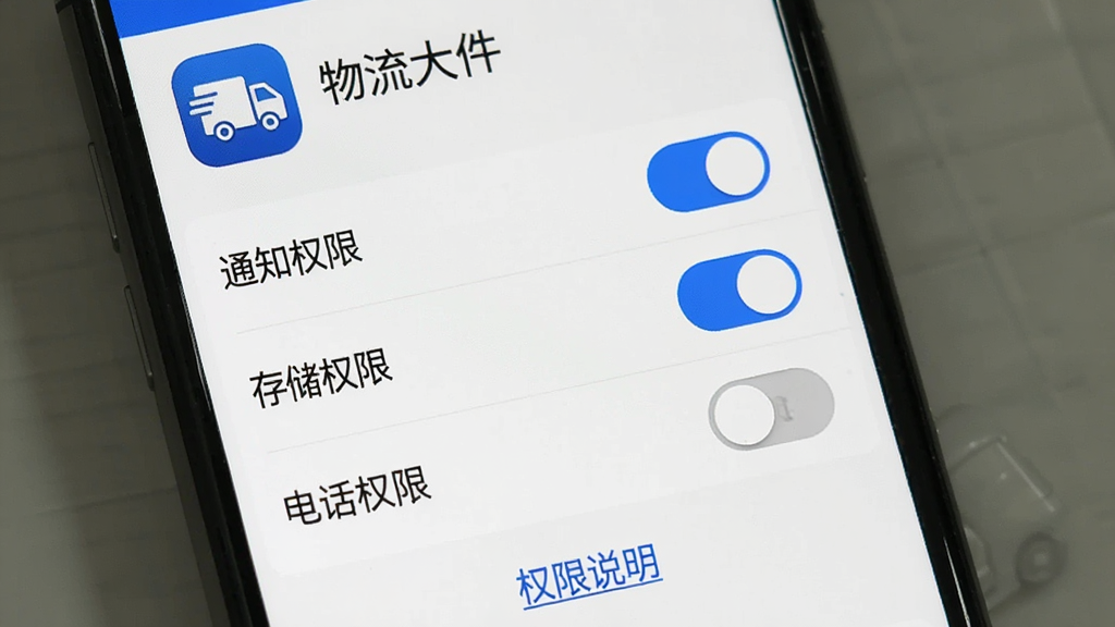 物流大件APP安装权限设置界面,手机屏幕显示应用权限管理页面,包含“通知权限”“存储权限”“电话权限”开关选项,通知权限和存储权限已开启显示蓝色,电话权限显示灰色关闭状态,顶部有“物流大件”应用图标和名称,底部有“权限说明”文字链接,界面风格简洁明了,画质干净无多余元素