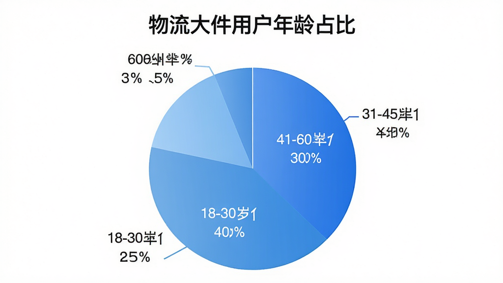 物流大件APP用户年龄分布饼状图,图表标题为“物流大件用户年龄占比”,饼图分为四个扇区,18-30岁占比25%,31-45岁占比40%,46-60岁占比30%,60岁以上占比5%,每个扇区标注百分比和年龄区间,配色为蓝色系渐变,背景白色,风格简洁专业,画质干净无多余元素