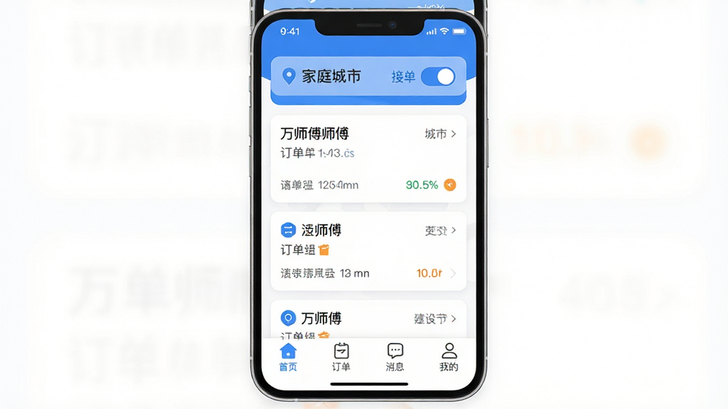 万师傅师傅版家庭服务App主界面截图,展示手机屏幕中央有清晰的订单列表卡片,顶部显示定位城市和接单开关,底部导航栏有首页、订单、消息、我的四个图标,整体配色以蓝色和白色为主,风格简洁扁平,画质干净无多余元素,文字清晰可辨,背景为纯白色,主体突出手机界面布局排版,细节圆润,无杂乱装饰。