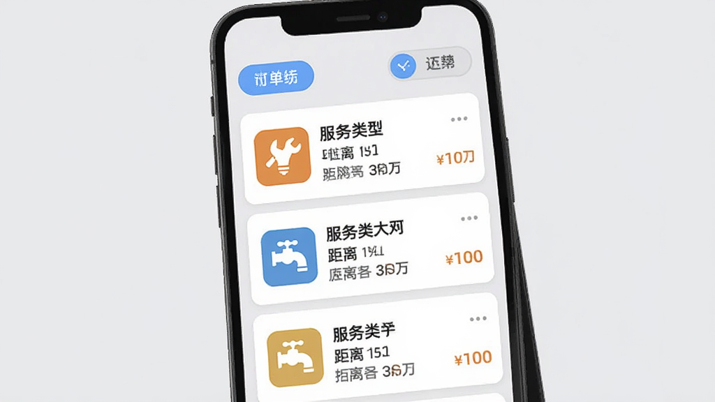 万师傅师傅版家庭服务订单大厅界面,手机屏幕显示多个订单卡片垂直排列,每个卡片上有服务类型图标如扳手、灯泡、水龙头,以及距离和报价信息,顶部有筛选按钮,背景为浅灰色,界面风格现代扁平,文字标签明确,细节清晰,画质干净无多余元素,主体为手机屏幕特写。