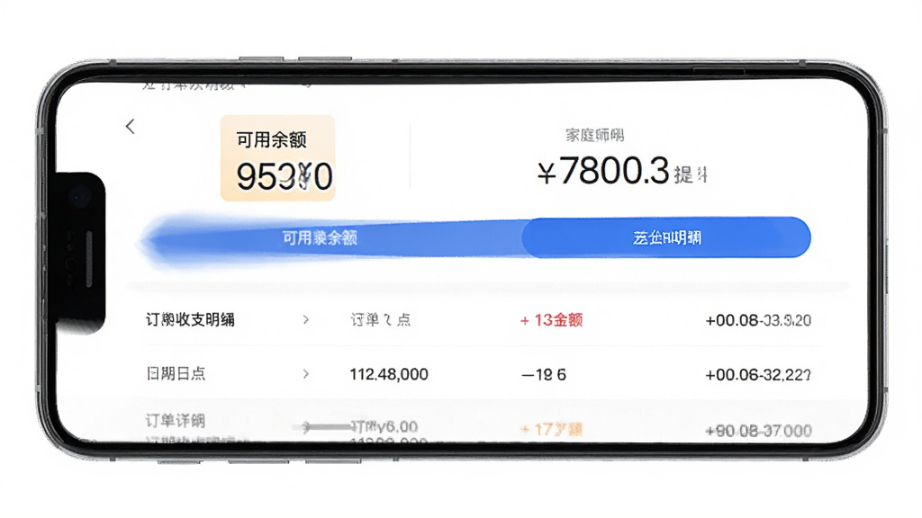 万师傅师傅版家庭服务钱包提现界面,手机屏幕显示可用余额数字和提现按钮,下方有近期收支明细列表,每笔记录有日期、金额和订单编号,界面配色为白色背景搭配蓝色按钮,风格简洁商务,排版整齐,画质清晰干净无多余元素,主体为手机屏幕正面展示。