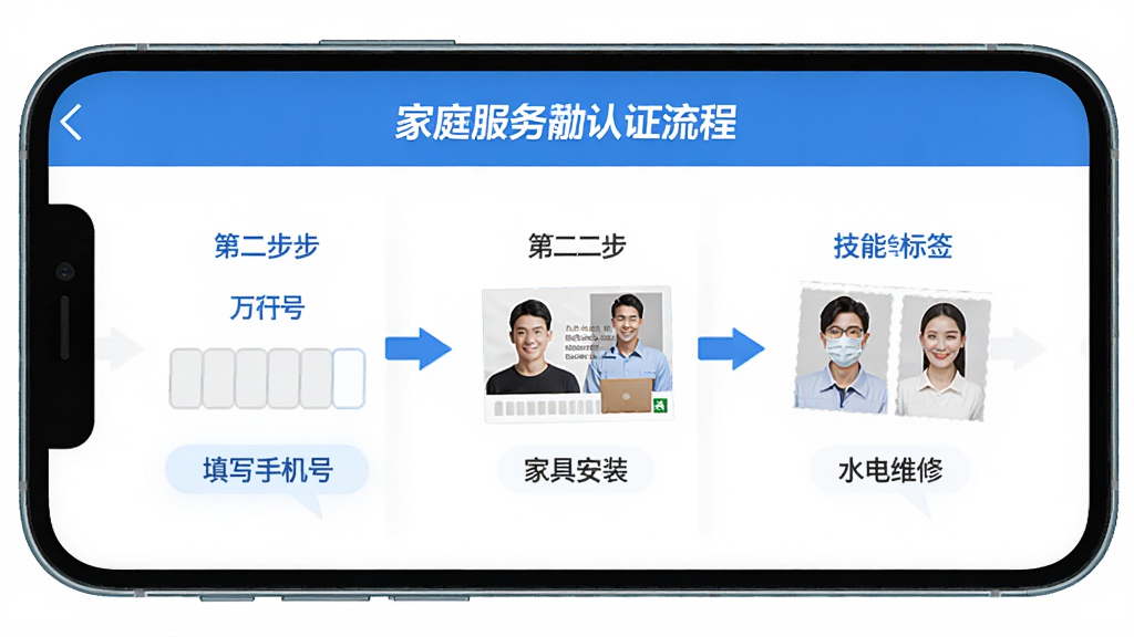 万师傅师傅版家庭服务注册认证流程界面,手机屏幕显示步骤条,第一步填写手机号,第二步上传身份证照片,第三步选择技能标签如家具安装、水电维修,界面配色为蓝色和白色,风格简洁引导性强,排版清晰,画质干净无多余元素,主体为手机屏幕正面特写。