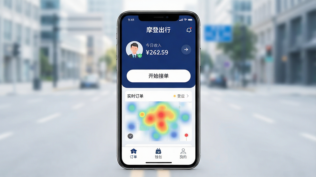 一张展示摩登出行司机端主界面的手机样机图,画面中央是一部现代智能手机,屏幕显示摩登出行APP的接单大厅界面,顶部有清晰的“摩登出行”品牌Logo,界面以深蓝色和白色为主色调,顶部显示司机头像和今日收入数字,中间是醒目的“开始接单”大按钮和实时订单热力图,底部有订单、钱包、我的三个标签栏,背景是干净的城市道路虚化效果,整体风格现代扁平化,细节圆润清晰,画质干净明亮,无多余杂乱元素