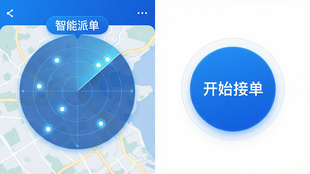 一张摩登出行APP功能展示图,画面分为左右两部分,左边展示智能派单雷达扫描效果,地图上有多个光点代表订单,配有“智能派单”文字标签,右边展示极简的接单开关界面,一个大大的圆形按钮写着“开始接单”,周围是干净的白色背景,整体风格科技感十足,蓝白色调,细节清晰,画质干净无多余元素