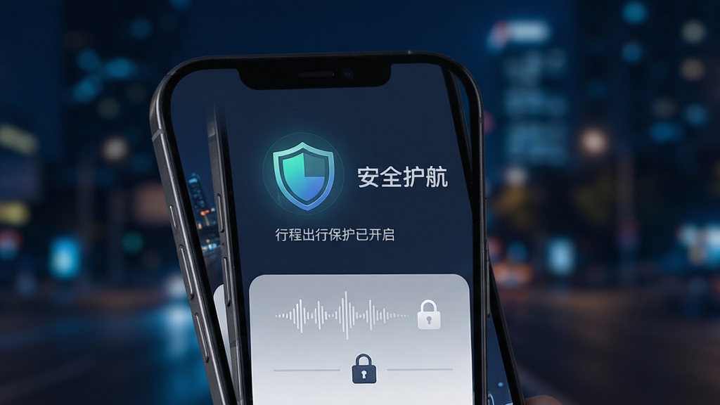 一张摩登出行安全中心功能界面图,画面中一部手机屏幕显示行程录音保护已开启的盾牌图标,旁边有“安全护航”文字,背景是夜晚城市灯光虚化效果,色调偏深蓝暗色系,突出安全感,界面细节包括录音波形图标和加密锁标志,整体风格沉稳专业,画质清晰干净
