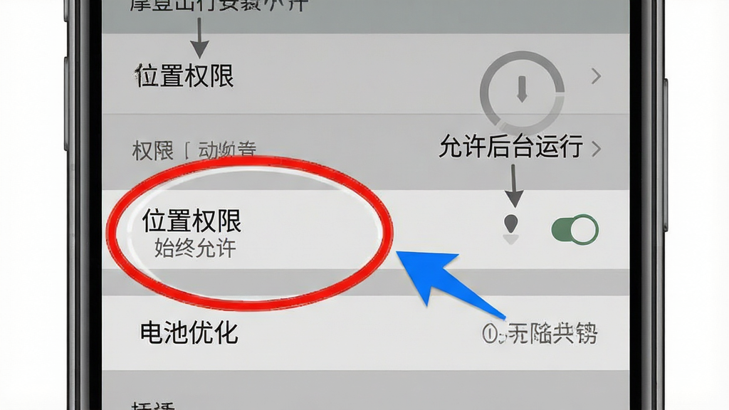 一张摩登出行安装设置步骤示意图,画面展示手机屏幕上的权限设置界面,重点用红色圆圈圈出“位置权限”选择“始终允许”的选项,旁边有蓝色箭头指向“电池优化”设为无限制的按钮,背景是简洁的灰色设置菜单界面,风格为教程指示图,细节清晰标注文字“允许后台运行”,画质干净无多余元素