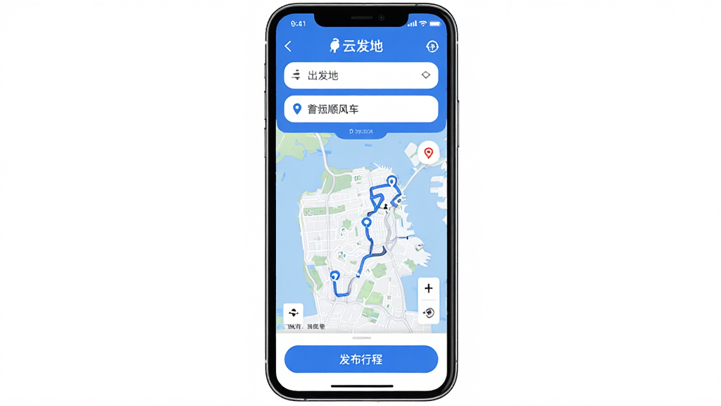 �ֻ���Ļ������ʾ��ȸ˳�糵APP�����棬�����ǳ����غ�Ŀ�ĵ�������м��ǵ�ͼ·�߹滮չʾ���ײ��Ƿ����г̰�ť������������ɫ��Ϊ����������ִ������������ɾ����޶���Ԫ��