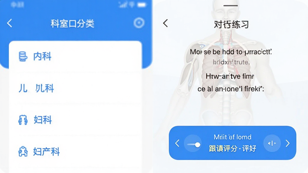 ҽ�п���App��ҳչʾ������ǿ��ҷ����б����ڿơ���ơ����ơ������ơ����Ҳ��ǶԻ���ϰ���棬��ʾ��Ӣ˫����Ļ�͸������֣�������ˬ������ɫ�������ʸɾ��޶���Ԫ��