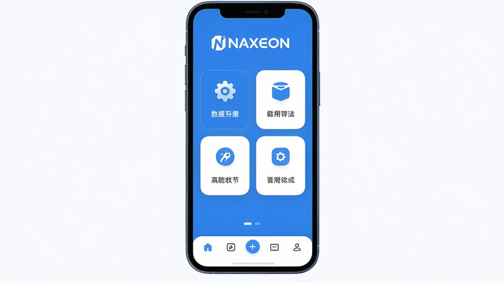 һ��չʾNAXEON�����������ͼƬ���������ֻ���Ļ������������������NAXEON��logo���м��ǹ��ܿ�Ƭʽ���У������������ù���ͼ�꣬�ײ��ǵ��������Ű����ִ�������Ǳ�ƽ���Ƽ�����ϸ��Բ�󣬻��ʸɾ��޶���Ԫ��