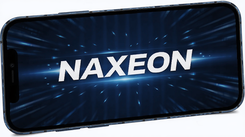 һ��չʾNAXEON������������Ч����ͼƬ���������ֻ���Ļ���������м�һ������NAXEON��־����Χ���ٶ��߱�ʾ���٣��Ű��࣬����ǿƼ�����ɫ����ϸ���й�Ч��׺�����ʸɾ��޶���Ԫ��