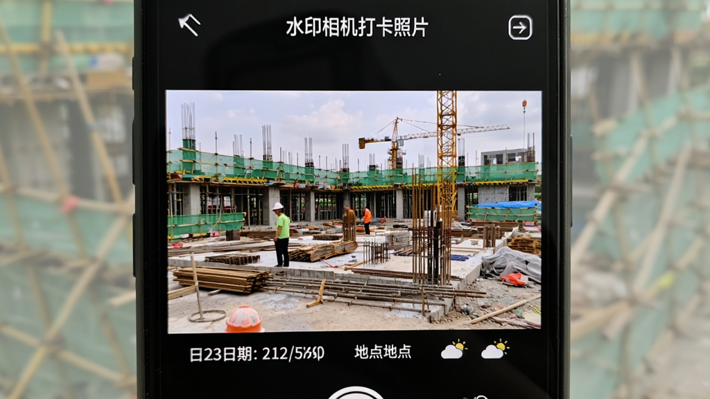 一张手机屏幕特写,画面中央展示“水印相机打卡照片”的拍照界面,取景框里是一处建筑工地现场,照片底部叠加了包含日期、时间、地点和天气信息的水印条,界面四周干净无广告弹窗,整体风格简洁实用,画质清晰,无多余元素