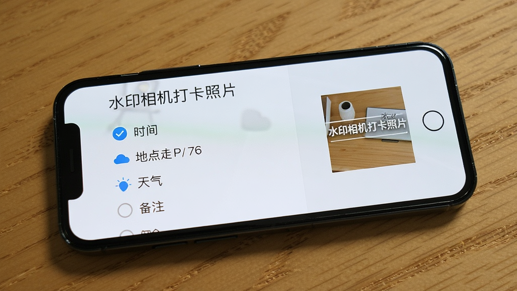 一部手机放在桌面上,屏幕显示“水印相机打卡照片”的水印编辑界面,画面中有多个可勾选的选项如时间、地点、天气、备注,右侧有预览小图显示水印叠加效果,界面配色清爽,布局一目了然,画质干净无杂乱元素