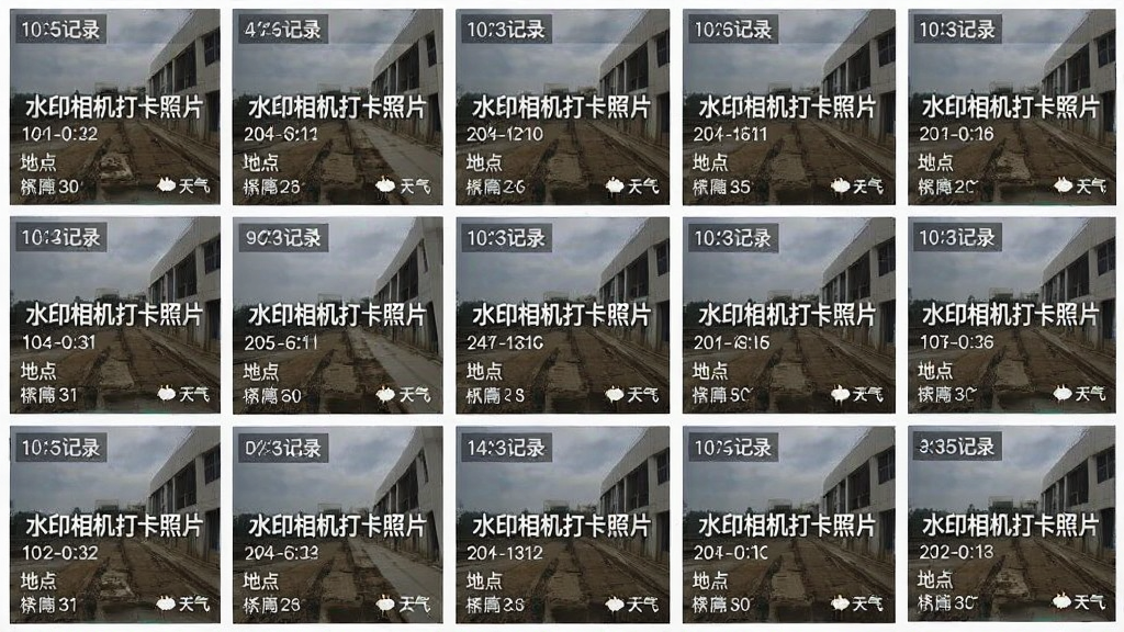 一张手机相册截图,里面整齐排列着多张带有“水印相机打卡照片”水印的工程记录照片,每张照片上的水印都清晰显示了时间、地点和天气信息,相册界面简洁,没有广告横幅,画质清晰,排版工整