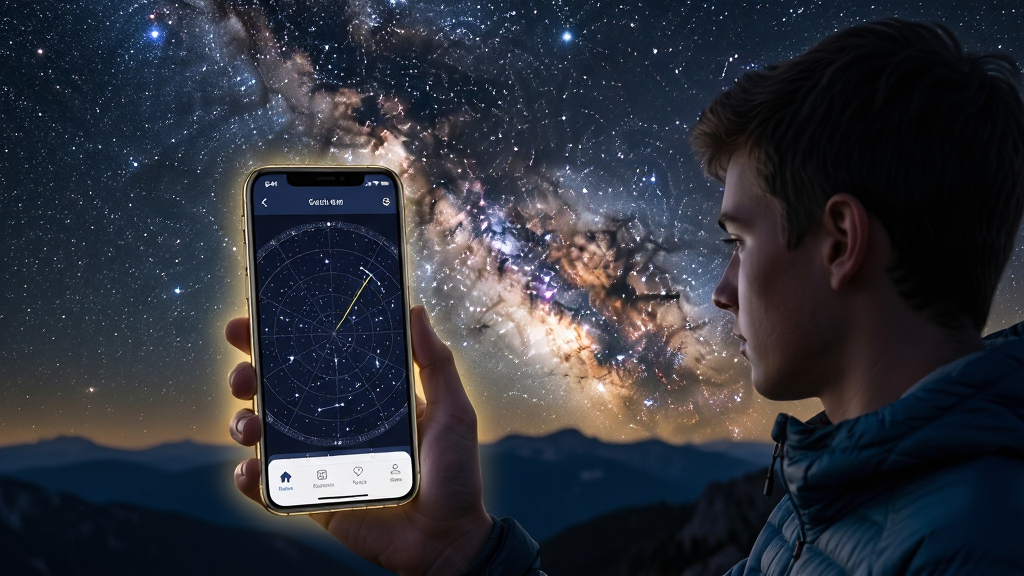 夜晚星空下,一位年轻人站在山顶,手持手机打开天文观星指南App,屏幕上显示着实时星图与星座连线,背景是璀璨银河与北极星,画面主体为人物与手机屏幕,布局采用三分法构图,人物位于画面右侧三分之一处,手机屏幕内容清晰可见,排版上星图App界面占据屏幕主体,风格为写实摄影风格,细节包含手机边缘的轻微光晕、远处山脉轮廓、星星的闪烁感,画质高清,干净,无多余元素