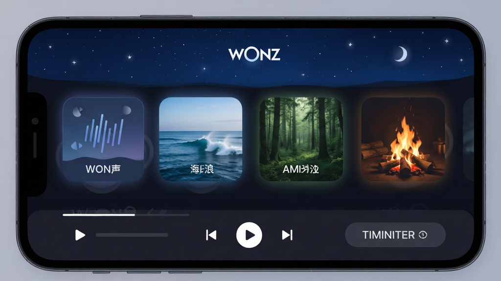 WONZ��������������չʾ������Ϊ�ֻ���Ļ����ʾWONZӦ����ҳ�����ֶ���������ɫҹ�ձ������м����������������ˡ�ɭ�֡������������Ƶ��Ƭ����ƬԲ����ƴ�΢��Ч�����ײ�Ϊ���ſ������Ͷ�ʱ��ť���Ű������������Ϊ�ִ���ƽ����ɫϵ��ϸ������Ƶ��Ƭ������΢���������У����ʸ���ɾ��޶���Ԫ��