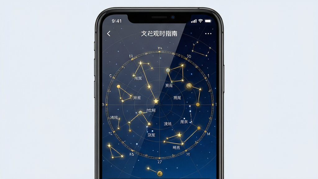 手机屏幕显示天文观星指南实时星图界面,背景是深蓝色夜空,屏幕上有金色星座连线与行星标注,主体为手机与星图界面,布局居中,排版清晰,风格科技感与写实结合,细节包含屏幕反光、星星闪烁光点、星座名称文字清晰,画质高清,干净,无多余元素