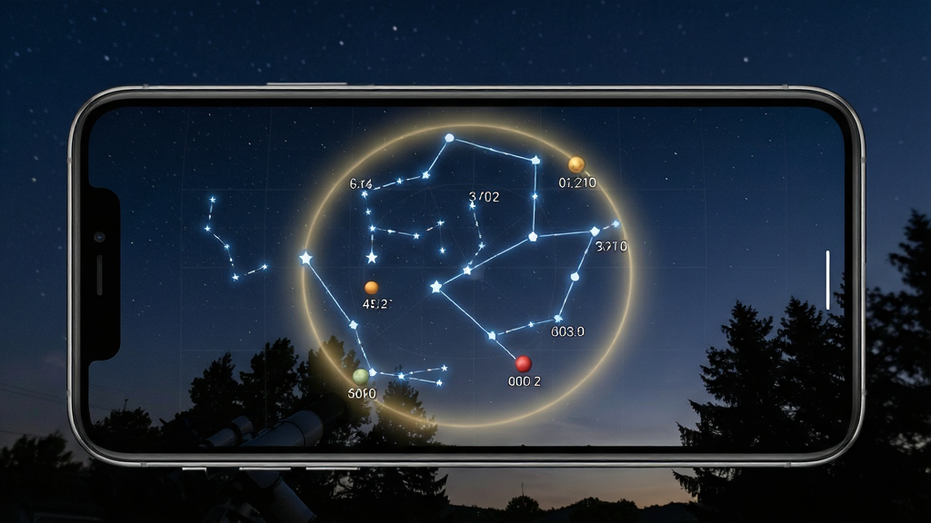 AR模式下的天文观星指南界面,手机摄像头拍摄的真实夜空与虚拟星图叠加,画面中有明显的星座连线与行星标注,主体为手机屏幕与夜空背景,布局为全屏AR视图,排版上虚拟星图与真实星空融合自然,风格为增强现实科技风格,细节包含手机边框、真实树木剪影、虚拟星图的光晕效果,画质高清,干净,无多余元素