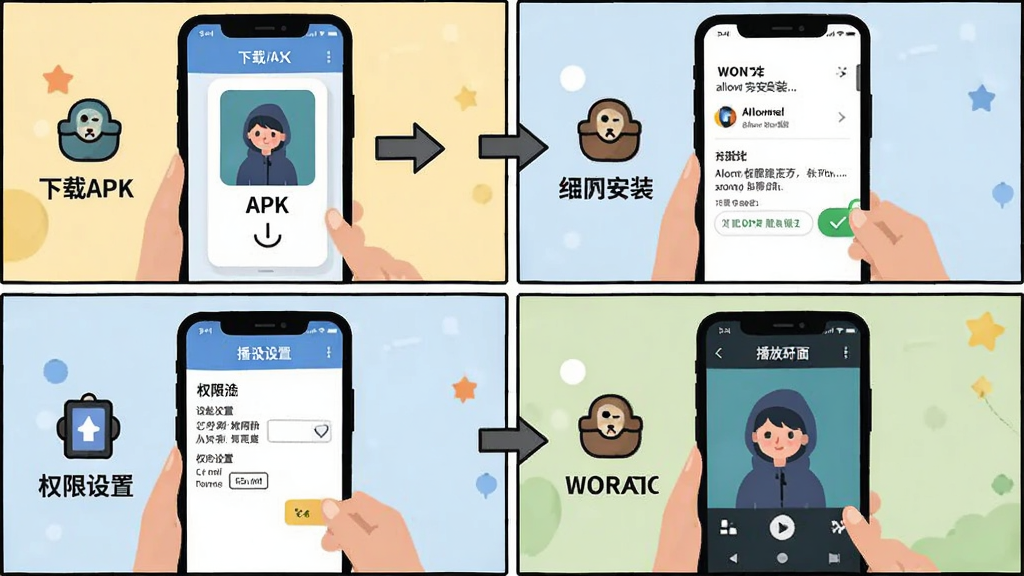 WONZʹ�ý̳�ʾ��ͼ������Ϊ�ֻ���Ļ�ֲ���չʾ��װ���������̣�����Ϊ�ĸ�����ʽ�Ű棬��һ����ʾ����APK���ڶ�����ʾ������װ����������ʾȨ�����ã����ĸ���ʾ���Ž��棬���Ϊ��ƽ�廭�磬ϸ����ÿ�����м�ͼ��ͼ�ͷָ�������������ɾ��޶���Ԫ��
