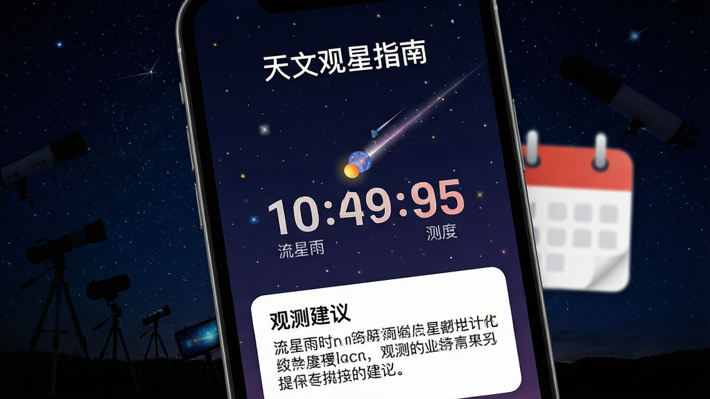 天文观星指南的天文事件提醒界面,手机屏幕上显示流星雨倒计时与观测建议,背景是深色星空,主体为手机界面与日历图标,布局上方为事件名称,中间为倒计时,下方为观测建议文字,风格简洁信息卡片风格,细节包含流星划过动画、文字排版清晰、色彩对比鲜明,画质高清,干净,无多余元素