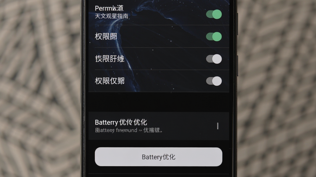 天文观星指南新手设置界面截图,手机屏幕显示权限设置与电池优化选项,背景为深色设置页面,主体为手机界面与设置开关,布局上方为权限列表,下方为电池优化按钮,风格为安卓系统设置风格,细节包含开关状态、文字说明、图标,画质高清,干净,无多余元素