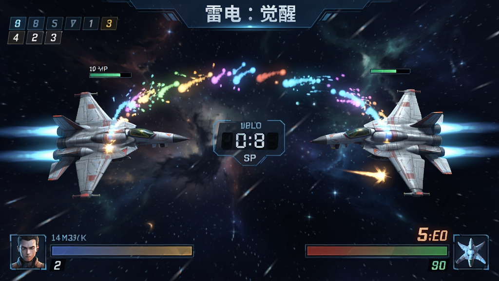 一张《雷电:觉醒》PVP对战界面截图,画面主体是两架玩家战机在同屏竞技,各自带着不同颜色的弹幕轨迹,布局中间显示倒计时和双方血条,风格是电竞科技风,细节上有排名标识和连击数字,背景是动态星空,画质清晰,干净无多余元素