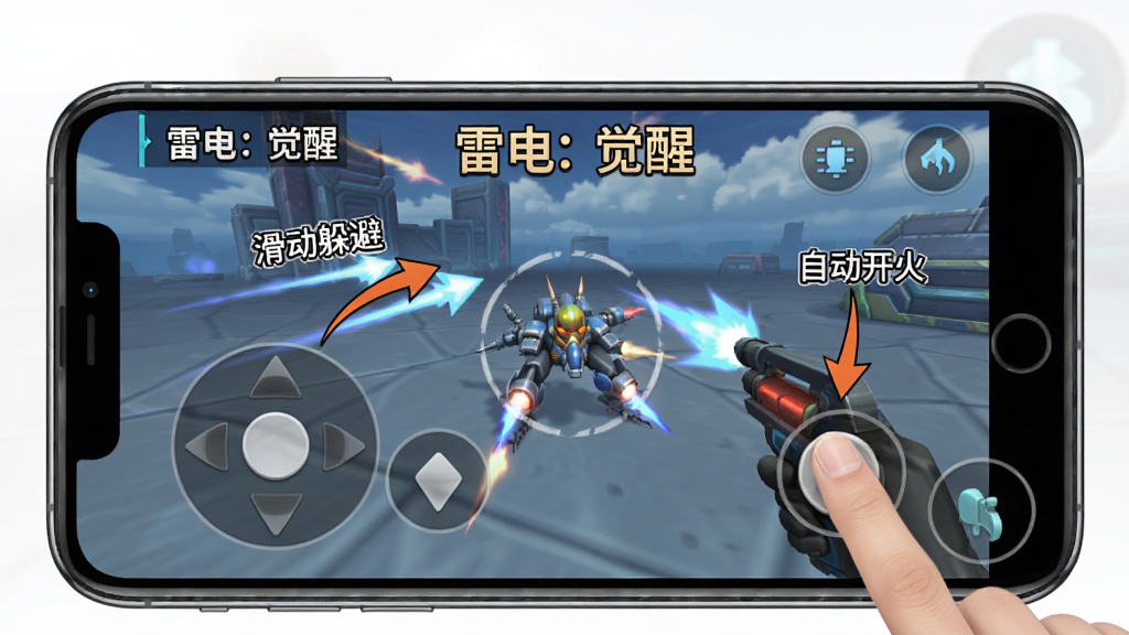 一张手机游戏操作示意图,画面主体是一部横向握持的智能手机,屏幕上显示《雷电:觉醒》的游戏画面,布局上手指正在拖动虚拟摇杆,风格是简洁教程风,细节上用箭头标注了“滑动躲避”和“自动开火”的位置,画质清晰,干净无多余元素