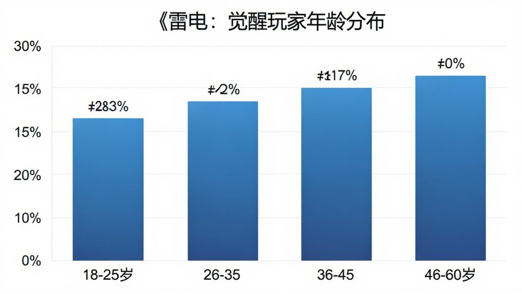 一张柱状图展示《雷电:觉醒》玩家年龄分布,横轴标注18-25岁、26-35岁、36-45岁、46-60岁四个年龄段,纵轴为人数百分比,布局清晰,风格简洁现代,细节上柱体颜色为蓝色渐变,顶部标注具体百分比数值,画质干净,无多余元素