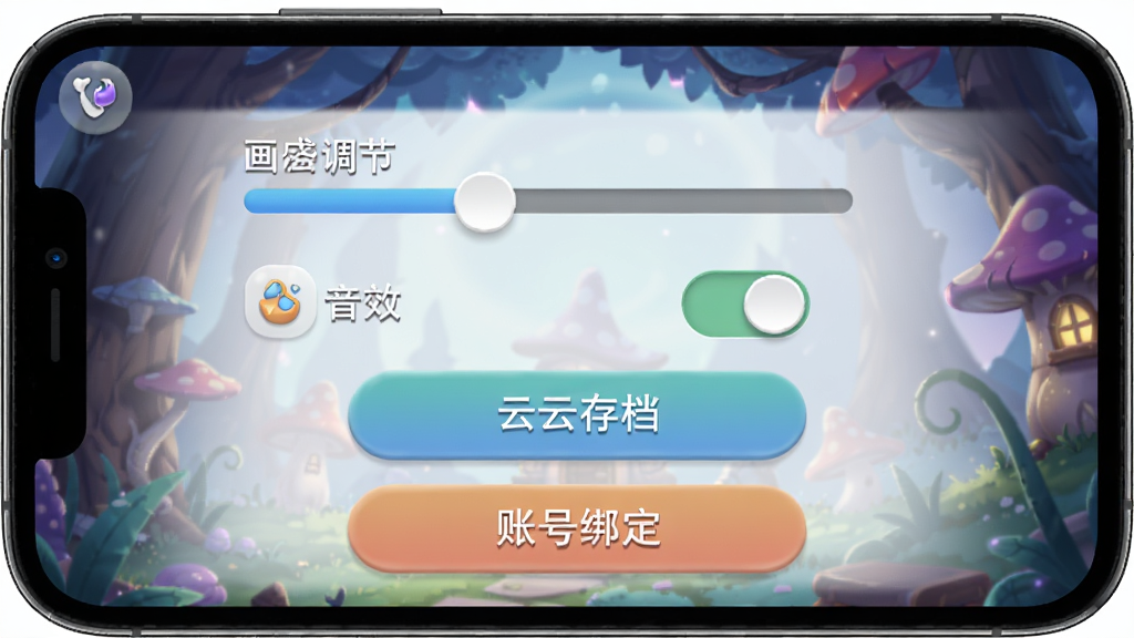 一张手机屏幕上显示梦幻魔法屋游戏设置界面的图片,画面中有画质调节滑块、音效开关、云存档按钮、账号绑定选项,布局清晰,风格简洁现代,细节包括按钮的圆角设计和图标颜色,画质干净无多余元素