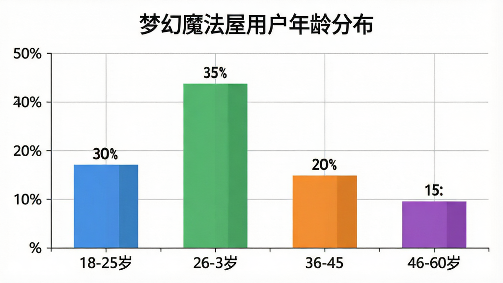 一张柱状图图片,标题为“梦幻魔法屋用户年龄分布”,横轴标注18-25岁、26-35岁、36-45岁、46-60岁四个区间,纵轴标注百分比,柱子颜色分别为蓝色、绿色、橙色、紫色,柱子上方有具体数值标签如30%、35%、20%、15%,整体布局简洁,风格为现代扁平,细节包括网格线和清晰的文字标注,画质干净无多余元素