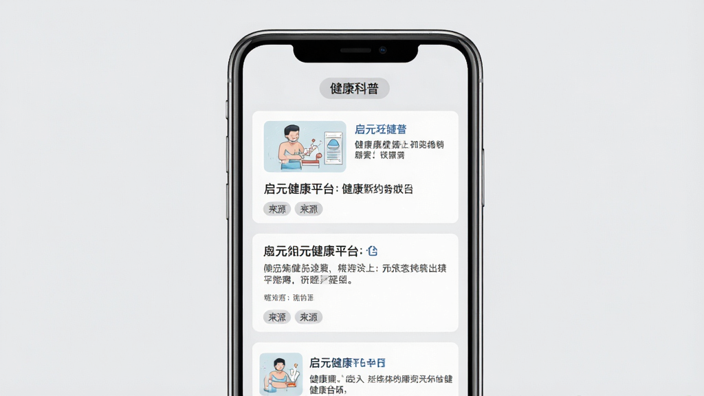 启元健康平台 健康科普内容页面展示,手机屏幕显示图文卡片列表,每张卡片包含标题、摘要和来源标签,顶部有“健康科普”分类标签,背景为浅灰色,文字清晰,风格简洁,画质干净,无多余元素
