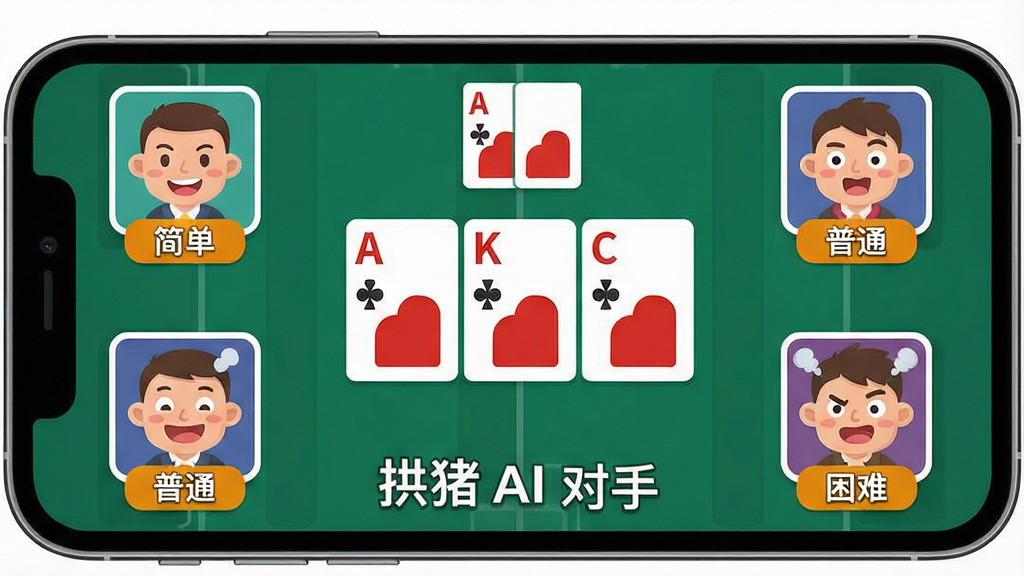 һ��չʾ������Ϸ����AI���ֹ��ܵ�ͼƬ��������һ���ֻ���Ļ��ʾ�����Ծ֣��ĸ�AI���ͷ��ֱ��ע���򵥡�����ͨ�������ѡ��Ѷȱ�ǩ����������Ļ�����ǳ���������Χ�����ĸ����ͷ���Ű����������Ϊ��ƽ����ͨ���ϸ����AIͷ��Ҫ�б���仯�����ʸɾ��޶���Ԫ�أ�ͼƬ�д����֡����� AI���֡���