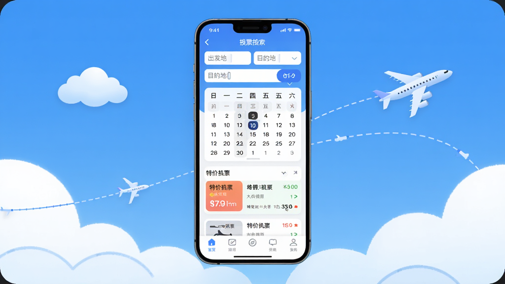 丰谊云平台APP界面全貌展示,主体是一台智能手机屏幕,屏幕内显示机票搜索首页,顶部有出发地和目的地输入框,中间是日历选择区域和特价机票列表,底部导航栏清晰,背景是蓝天白云和飞机航线元素,布局简洁明了,排版规整,风格现代扁平化,细节圆润,画质清晰干净,无多余元素