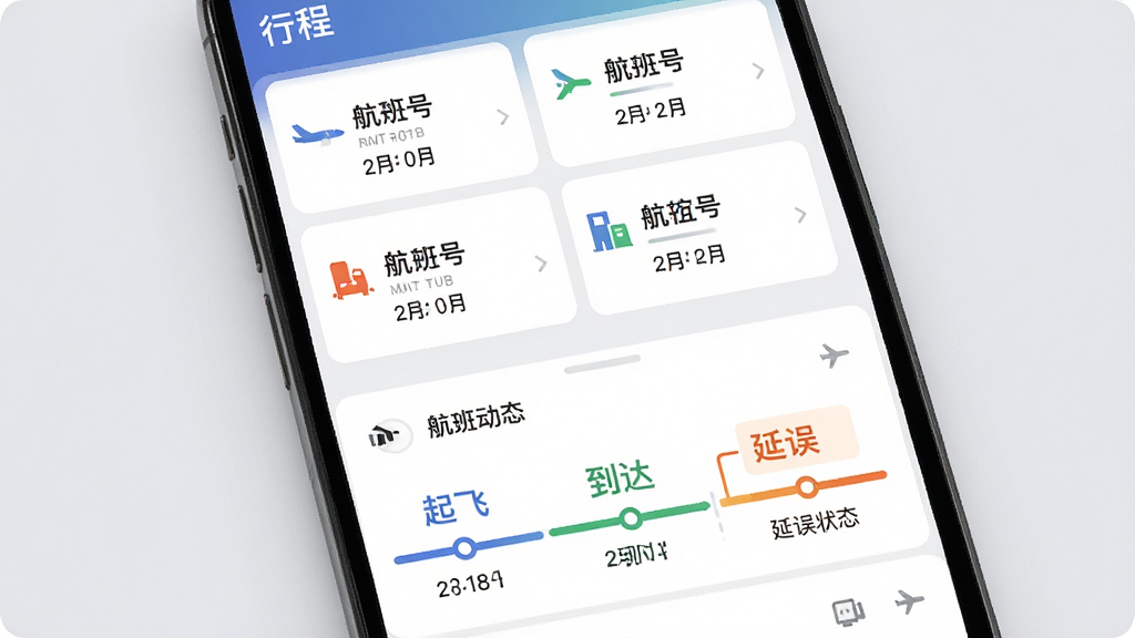 丰谊云平台行程管理与航班动态界面展示,主体为手机屏幕,屏幕上半部分显示行程卡片列表,每张卡片有航班号和日期,下半部分显示航班动态时间轴,标注起飞、到达和延误状态,背景是浅灰色,布局分块清晰,排版有序,风格清爽现代,细节图标精致,画质干净,无多余元素