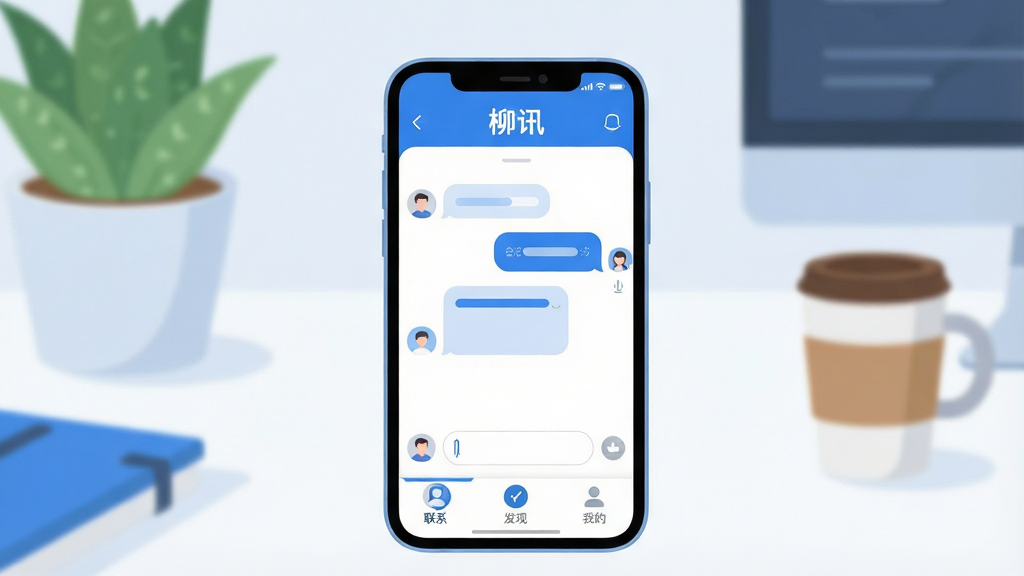 一张展示柳讯软件核心全貌的图片。画面中央是一部智能手机,屏幕亮起显示柳讯的聊天主界面,界面顶部显示“柳讯”字样,中间是聊天气泡和输入框,底部有联系人、发现和我的三个选项卡。背景是柔和的书桌环境,有绿植和咖啡杯。风格现代简约扁平,细节圆润,画质干净无多余元素,色彩以蓝白为主,整体给人清爽干净的视觉感受。