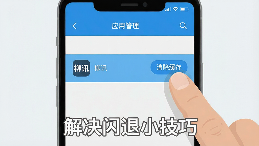 一张展示手机设置界面的截图风格图片。画面中手机屏幕显示“应用管理”页面,高亮显示“柳讯”应用,旁边有一个“清除缓存”按钮被手指点击。界面下方有文字提示“解决闪退小技巧”。风格为扁平化UI设计,色彩清晰,画质干净,突出操作步骤,背景为浅色。