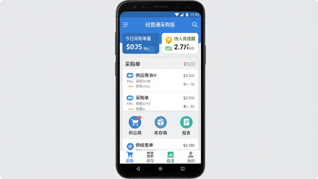 ��Ӫͨ�ɹ��� �ֻ�Ӧ��������չʾ������������һ����׿�ֻ�����Ļ����ʾ�ɹ�����App����ҳ�������ǽ��ղɹ��������ʹ�������ѣ��м��ǲɹ����б��͹�Ӧ�̿����ڣ��ײ��ǲɹ�����桢�������ҵ��ĸ�ѡ���������������ɫΪ��������ɾ����࣬ͼ��Բ����������ƽ����Ʒ�񣬱���Ϊǳ��ɫ�������������޶���Ԫ��