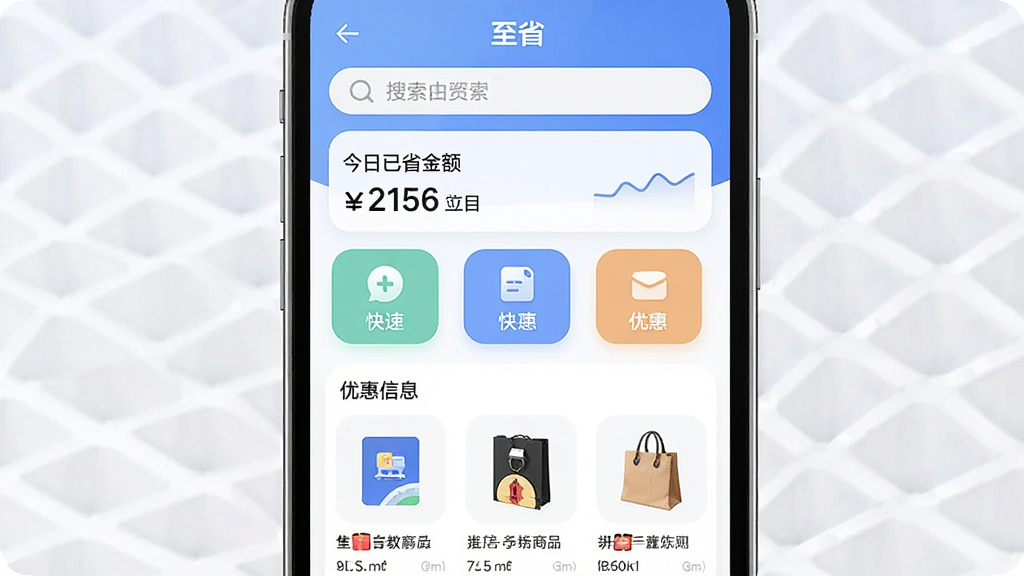 һ���ֻ�Ӧ�ý���չʾͼ������Ϊ����ʡ��APP����ҳ������Ϊ�������������м���ʾ������ʡ���ͼ�����ݹ���ͼ�꣬�·����Ż���Ʒ��Ϣ�����Ű��࣬����ִ���ƽ����ϸ��Բ�󣬻��ʸɾ��������޶���Ԫ��