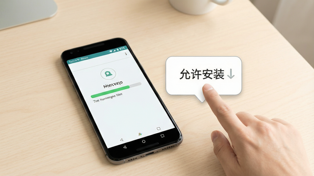 轻松管理端 安装使用教程示意图,画面中一部安卓手机正在显示安装进度条,旁边有手指点击“允许安装”的提示气泡,背景为浅色桌面,风格简洁直观,画质干净,无多余元素