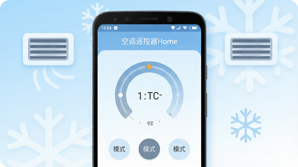 һ���ֻ�Ӧ�ý���չʾͼ��������һ����׿�ֻ�����Ļ����ʾ���յ�ң����Home����ң�����������棬�����������¶ȵ���Բ�̺�ģʽ�л���ť�����ּ��������������ǳ��ɫ���䵽��ɫ�����ɫ������Χ��׺�յ�����ں�ѩ��ͼ�꣬��������ˬ�ִ���ƽ����ϸ��Բ�󣬻��ʸɾ����޶���Ԫ��