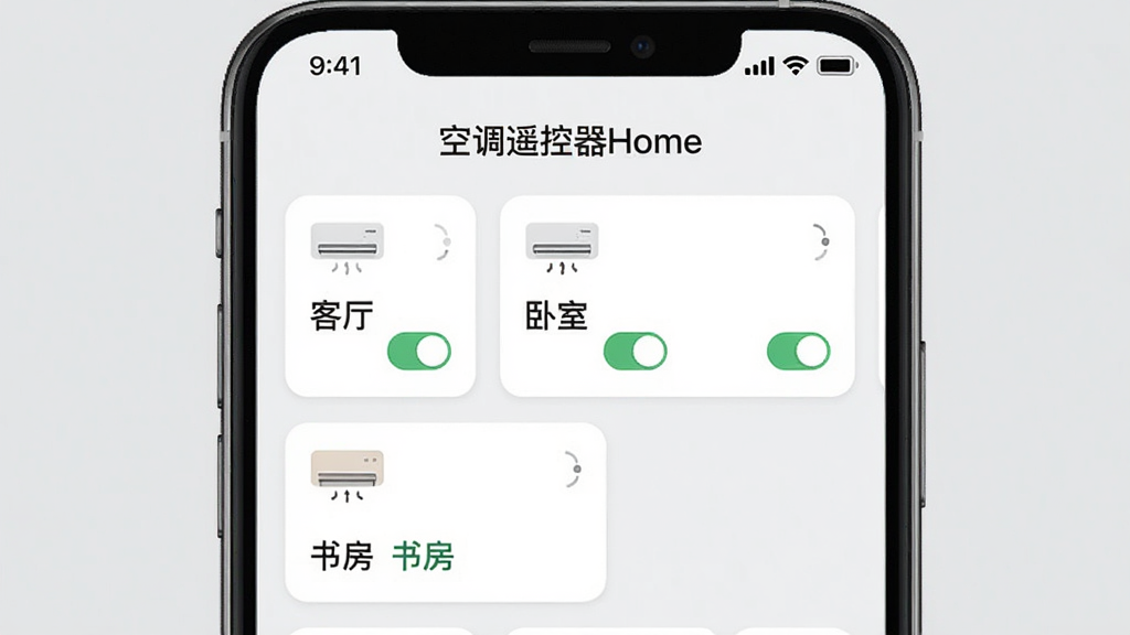 һ�Ŷ��豸��������ʾ��ͼ��������һ���ֻ���Ļ����ʾ���յ�ң����Home���Ķ෿�����ҳ�棬ҳ�����п��������ҡ��鷿������Ƭʽ�豸��ǩ��ÿ����ǩ���пյ�ͼ��Ϳ���״̬���������룬����Լ�ִ�������Ϊǳ��ɫ��ϸ�����������ʸɾ����޶���Ԫ��