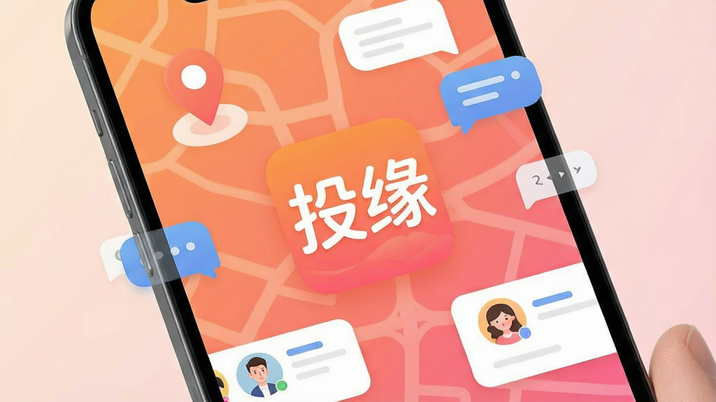 一张手机屏幕展示投缘交友软件的主界面,画面中央是软件名称“投缘”的醒目logo,周围环绕着同城地图定位图标、聊天气泡和用户头像卡片,背景是温暖的橙粉渐变色调,布局简洁清晰,风格现代扁平,细节圆润,画质干净,无多余元素